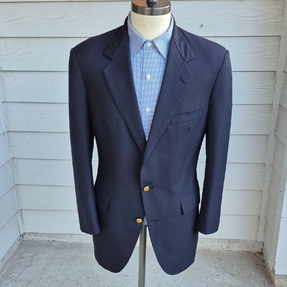 SOUTHWICK Dark Navy Solid Gold Logo Buttons Mens Sz 40 S Sport Coat‎ Blazer VTG